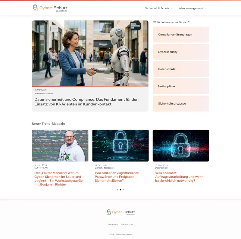 Screenshot der Startseite auf cyberschutzbetrieb.de