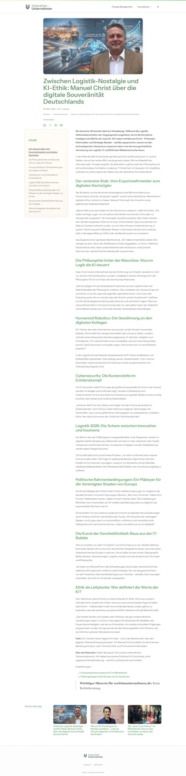 Screenshot von Beitrag auf innovationimunternehmen.de