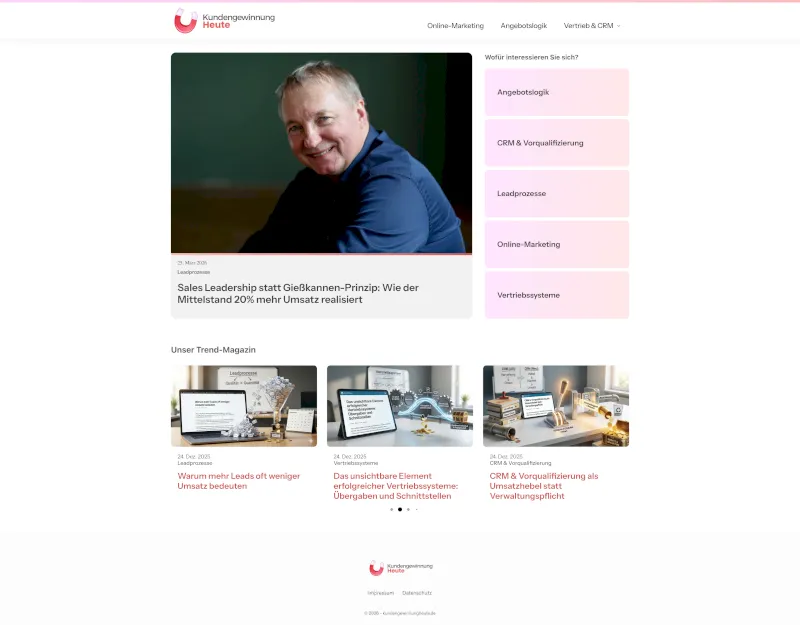 Screenshot der Startseite von kundengewinnungheute.de