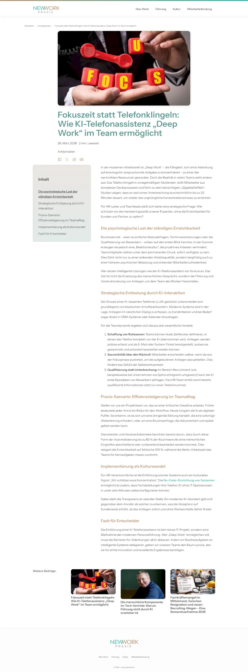 Screenshot eines Artikels auf newworkpraxis.de
